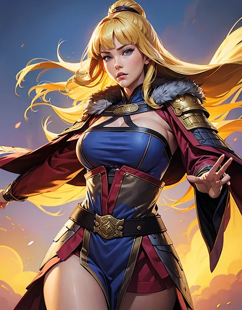 4K, High definition,  Koei Three Kingdoms style, 1 female,  sexy expression , huge boobs,  wide hips , thick thighs,  slender waist, 서서 and look straight ahead. and look straight ahead, Blonde 머리카락, Blonde,  long hair,  straight bangs ,  straight bangs, Bl...