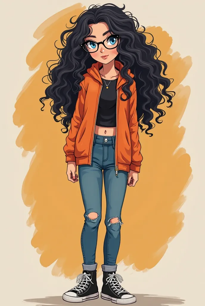 my hero academy,  18 year old girl, long curly black hair, Without a butt, blue eyes, with glasses, She wears an open orange sweatshirt with a tight black blouse down, jeans, And some black converse sneakers 