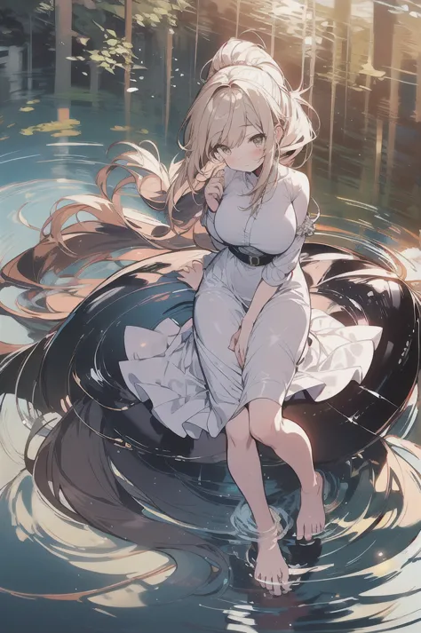  anime, comics, To Loveる,Kotegawa Yui, looks like an adult,Beautiful Girl,  Fantastic, ponytail,  Slim waist, Big Breasts,  lustrous hair, white dress,  barefoot, lake,  moonlight , Calm water surface, hair fluttering in the wind, Elegant look, Dreamy Atmo...