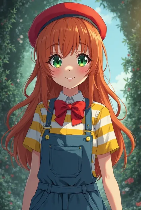 Cute  with long ginger hair, green eyes, wearing a red beret hat, wearing a short-sleeved yellow and white striped shirt, and wearing blue skirt overalls, red bow tie collar area, smiling face color. The background has a scary liminal space atmosphere Anim...