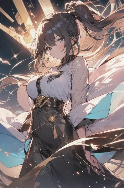  anime, comics, To Loveる,Kotegawa Yui, looks like an adult,Beautiful Girl,  Fantastic, ponytail,  Slim waist, Big Breasts,  lustrous hair, Long Dress,  pilot a small F-22 ,  Island in the Sky , Neon lights shining pale, starry sky, Floating softly, Dreamy ...