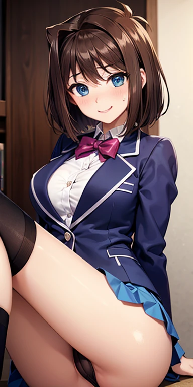      1 female, high definition,dementia,          ultra-realistic          ,8K, aamazaki, ( capillary antenna    :1.2), blue eyes, blue,      pink jacket, blazer,  Long Sleeve Leather, blue skirt ,      Skinny skirt     ,    mini fold,     pleated skirt   ...