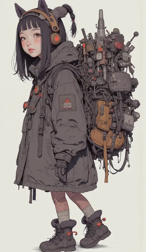 A picture of a high school girl carrying a rucksack containing a large amount of luggage holding a rucksack, Concept Art：Akihiko Yoshida, CG Society Contest Winner, Neo-Dada, rear end  explorer,  colorful costumes ,  late afterlife looters  , Adventure Equ...