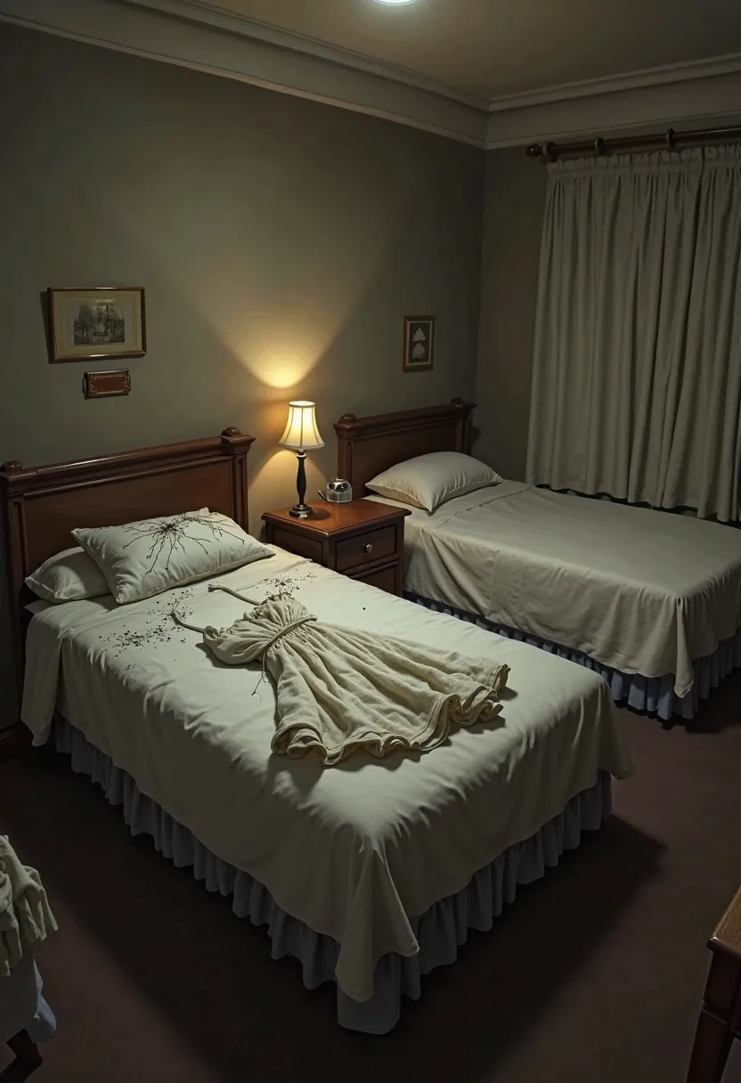 3 and 4. Guest Rooms

Description: These are seemingly normal rooms, but one of them has a woman's dress thrown over the bed, as if someone had left it in a hurry.

Suspicious Details:

One of the pillows has strands of hair on it that don't belong to anyo...