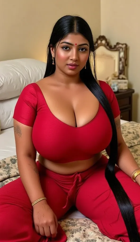   indian chubby woman in her 40s  is wearing a full red long skirt, bedroom , red satin  front closer blouse,big Deep cleavage,big sexy chest,big ,detailed body and face, big bright eyes, charming, sexy, perfect anatomy, braid very long silky smooth oily d...