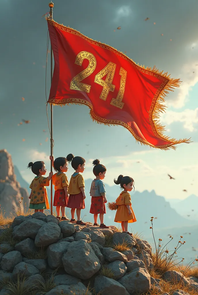 Create a realistic 3D anima image, a group of small ren aged s, on top of a rocky hill, sticking and holding a flagpole blown by such a strong wind, blue flag with fringe has embroidery that is gold, in the middle of the flag there is a figure "241" gold c...