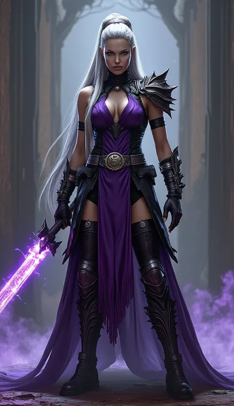 (((Sindel style art from Mortal Kombat,  ultra realistic))), (((full body))), (((perfect hands))), old background, (((Perfect Weapons))),  She wears an ornate purple and black body with armor with silver details ,  blending elegance and threat .  Her long ...