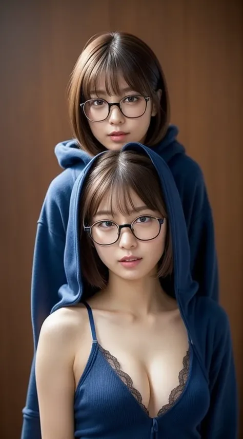 masterpiece，  Super High Definition ，high quality， beautiful skin with glasses，Realistic Skin，Japanese woman， gorgeous woman，cute little，Modeling， beauty，beautiful woman under hoodie，Light blue underwear，dark blue lingerie，Big Breasts， cleft breast，１０gener...