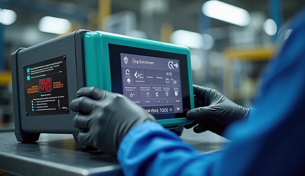 Create a hyper-realistic image of a Big Dutchman Viper Touch Temperature Controller in a technical assistance lab, captured in a macro shot during a maintenance service. The equipment must be in the foreground, displaying sharp details from the touchscreen...