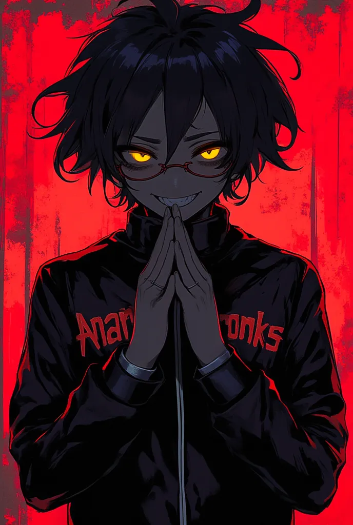 written on it black-haired boy, anime style, with glasses, yellow eyes, Don't look too young, black jacket, that has been written "Anarchy Stonks",without any accessories on his face or neck besides glasses, be smiling macabrely, that the image focuses on ...