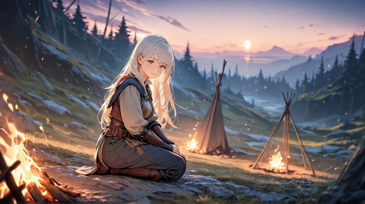  huge _very high resolution, high resolution,  masterpiece, recent, 1 female,  long hair, white hair, light smile, Medieval Adventurer Outfit,  soft_light,  blurry , sunset, Mystic Glade, small bonfire, Panoramic View, camped, high resolution background, b...