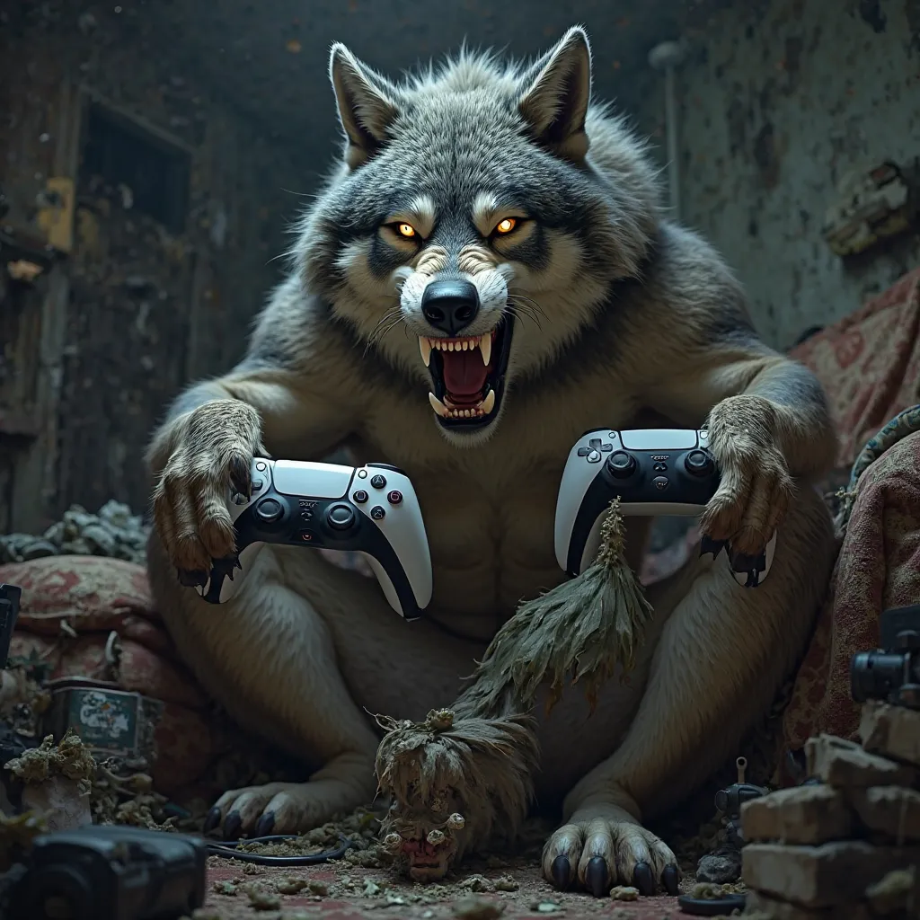 Ferocious wolf playing ps5 with a joint in his hand 