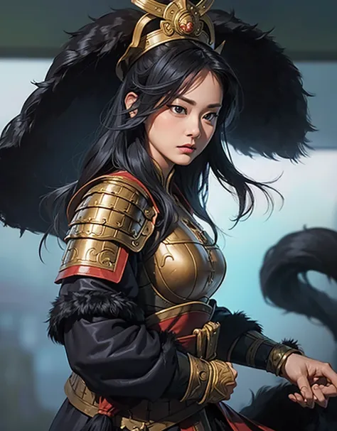 4K, High definition,  Koei Three Kingdoms style, 1 female,  sexy expression , huge boobs,  wide hips , thick thighs,  slender waist, 서서 and look straight ahead. and look straight ahead, black hair,  long hair,  straight bangs ,  straight bangs,  black eyes...