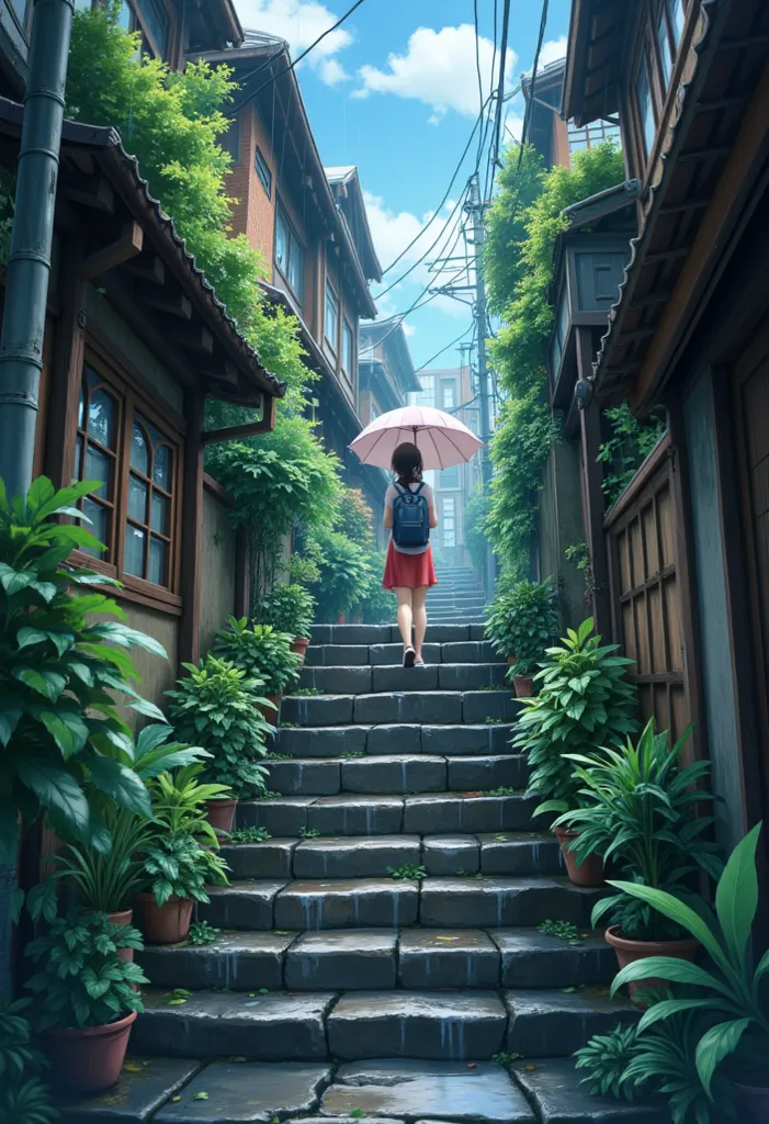 
          HD anime cityscape with narrow alleys with many plants(stone staircase going up)Cartoon scenery rainy day (Back view standing foreground close-up)Holding umbrella and walking up stone stairs anime style cityscape, Colorful anime background anime...