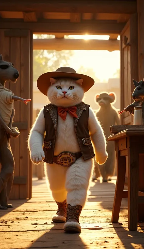 A white cat cowboy  enters a Wild West saloon with a confident stride. He wears a weathered brown leather hat, a suede vest with frayed edges, and spurred boots that glint under the dim lighting. The saloon has a rustic wooden interior, with a dusty floor ...