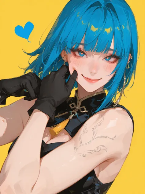 Tomboy_Key Points,  blue_hair, one_ eyes_closure, Jewelry, earrings, Heart, yellow_ eyess, Gloves,  Smile, 正exist查看_exist_Viewer, Long_hair, alone_Key Points, pinch,  blush,  black_Gloves, hair_ between_ eyess, cheek_pinch, tassel_earrings,  simple _backgr...