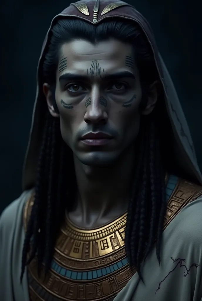 Egyptian man from ancient Egypt. He has a mystical aura, Deep amber eyes that always judge, obsidian-colored retinted skin, but without a single imperfection. Long bluish black, far away. wears linen tunics so fine that they seem woven with shadows, embroi...