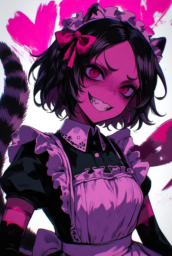 short haired girl written a little bit going out, with a maid costume, skunk tail, anime style ,that has been written "Anarchy Maid",be smiling macabrely, that the image focuses on his face