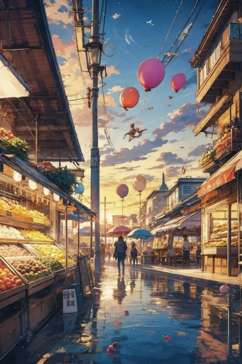 facade, Front , Outdoors, fruit market novel style, Rempie, large environment , No people, Single location, anime, scenery, Horizontal View, Girl with balloons,