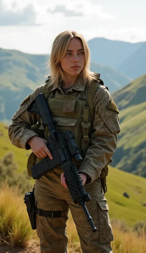 A beautiful young female soldier, 20 years old, stands with an air of confidence and elegance, her sharp eyes scanning the surroundings as she observes the landscape before her. Her long bob, neatly styled, flows slightly with the wind, complementing her p...