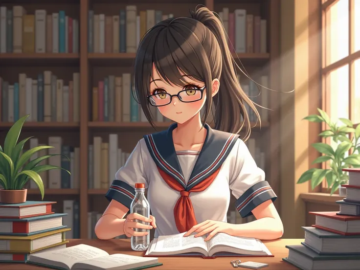 study at the library、 material、Books、 female student、sailor suit、ponytail、Glasses、Water Bottle