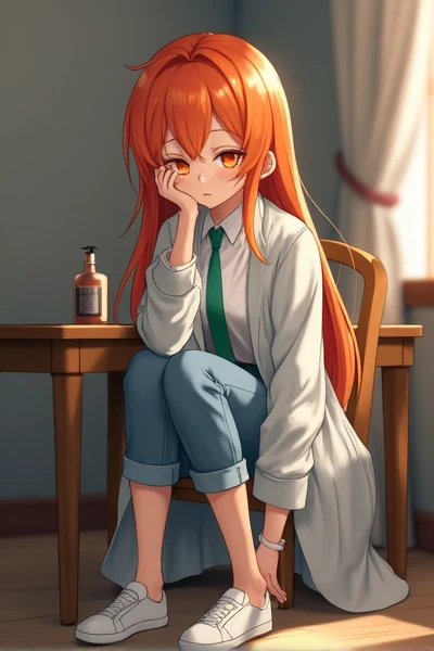 Orange hair like a sunset, orange eyes mixed with a slight red color, Tired face, gray gown, white shirt that goes up to the knee, green tie, knee-length jeans, Lightweight sneakers, Wooden desk , Potion bottle on the desk, 2D anime style, 가지런한 finger # wh...