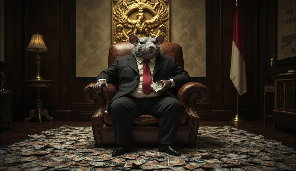 "A humanoid rat with smooth gray fur, dressed in a sharp black suit with a red tie, sits confidently in a luxurious leather chair inside a grand office. The rat has a cunning and smug expression, with one hand resting on the armrest and the other holding a...