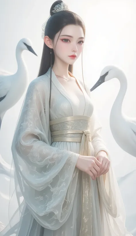 a girl, Ancient Chinese clothing, full body, sunshine, Clear face, Clean White Background , masterpiece, super detailed, Epic Composition, Ultra HD, high quality, Extremely fine, Official Art , Clear 8k Wallpaper , super detailed, 32K,CG,crane girl...
