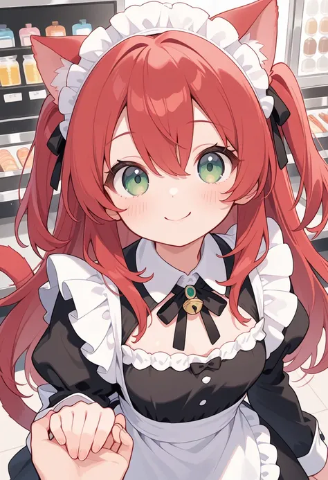 (masterpiece), (Highest quality),perfect face holding hands at the checkout counter、cute girl、 8k, （ red hair :1.3）、medium、 1girl 、Age 19、（stupid hair:1.5）、（bangs）、（ green eyes）、hair between eyes、long hair, side tail、（small breasts:1.5）、maid、smile、Cat ears