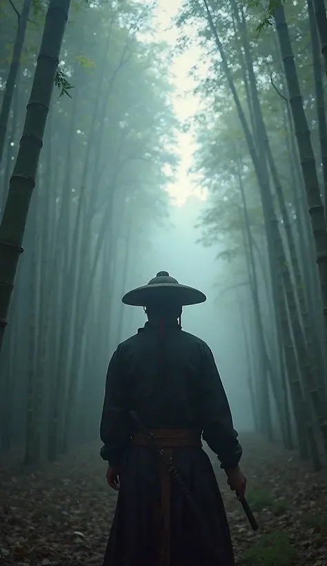 Ultra-realistic point-of-view (POV) image capturing the first-person perspective of a samurai stretching in the early morning within a dense bamboo forest shrouded in thick mist. The viewer's hands and part of their body are visible, enhancing the sense of...