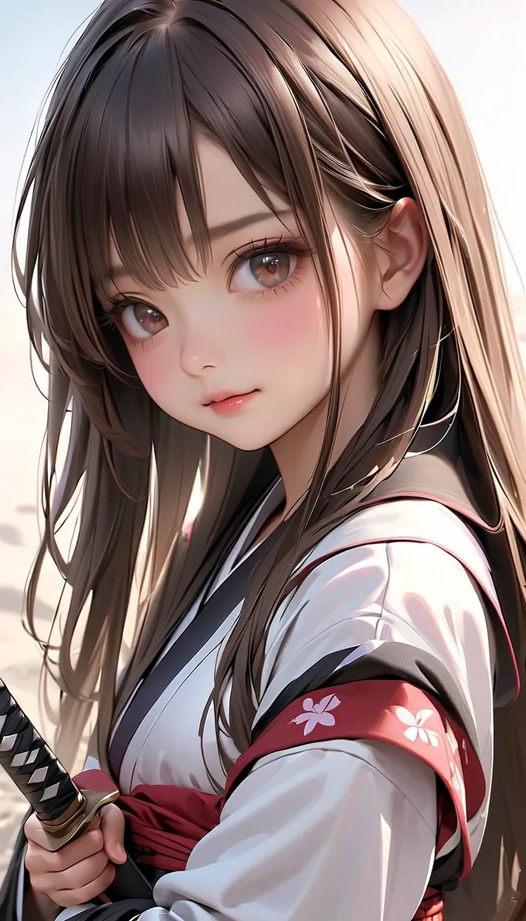 cute girl、HD、brown hair long hair、samurai、holding a sword、Very Cute、Highest quality、 realistic