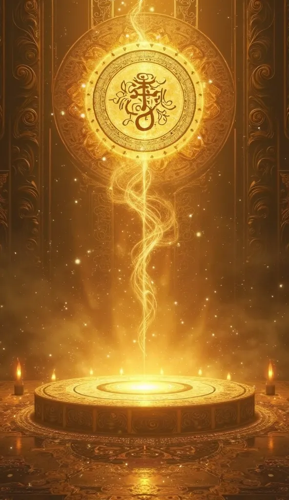 A majestic and mythical scene featuring an ethereal golden aura. In the center, a radiant divine structure or mystical altar emits a warm golden glow, resembling an ancient sacred site. Floating above or embedded in the background, the hexagram 46 (Dì Pho...