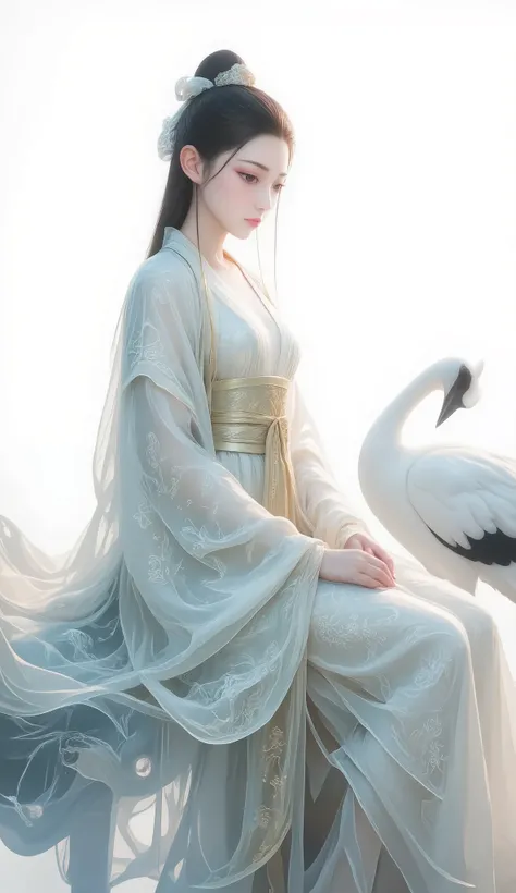 a girl, Ancient Chinese clothing, full body, sunshine, Clear face, Clean White Background , masterpiece, super detailed, Epic Composition, Ultra HD, high quality, Extremely fine, Official Art , Clear 8k Wallpaper , super detailed, 32K,CG,crane girl...