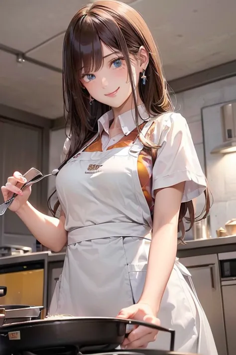 (from below:1.4),((1girl, silverblown hair, long hair, qutel blue eyes, beautiful eyes, pretty smile:1.5, ), coloring watercolor digital pencil ,Cherry blossoms falling,an animated painting of a woman in an apron standing at a coffee maker, 1girl, brown ha...