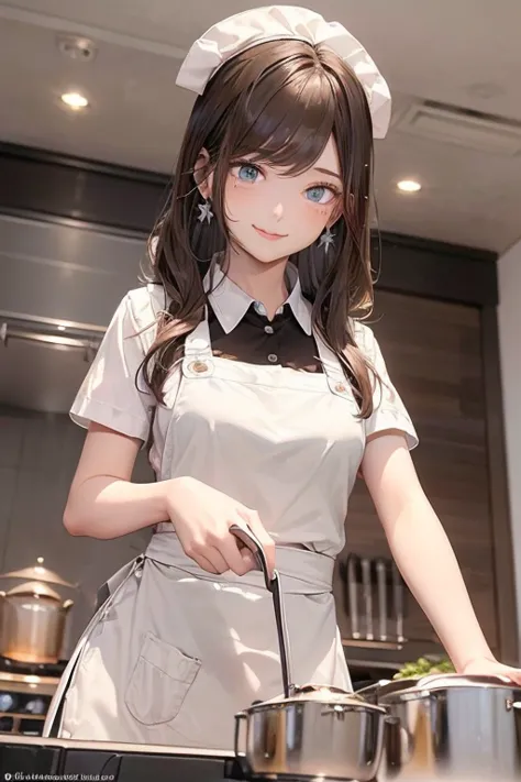 (from below:1.4),((1girl, silverblown hair, long hair, qutel blue eyes, beautiful eyes, pretty smile:1.5, ), coloring watercolor digital pencil ,Cherry blossoms falling,an animated painting of a woman in an apron standing at a coffee maker, 1girl, brown ha...