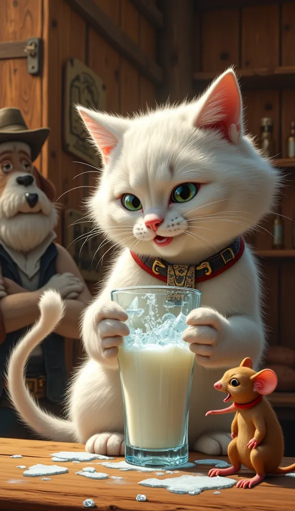 A white cowboy cat, mid-sip, is hit by an extreme chill from an ice-cold glass of milk. His fur stands on end, his whiskers vibrate, and his pupils shrink in shock. His tail, previously relaxed, stiffens and curls up dramatically. He grips the glass tightl...