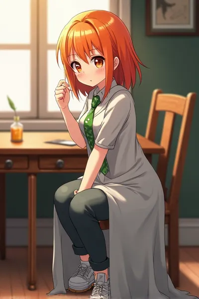 Orange hair like a sunset, orange eyes mixed with a slight red color, Tired face, gray gown, white shirt that goes up to the knee, green tie, knee-length jeans, Lightweight sneakers, Wooden desk , Potion bottle on the desk, 2D anime style # white gown # or...