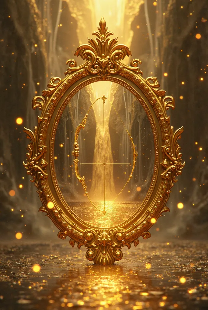 golden coat of arms,  gold mirror , inside the mirror waterfall water background, a bow and arrow, a golden mirror ,  Gold bass track to write 