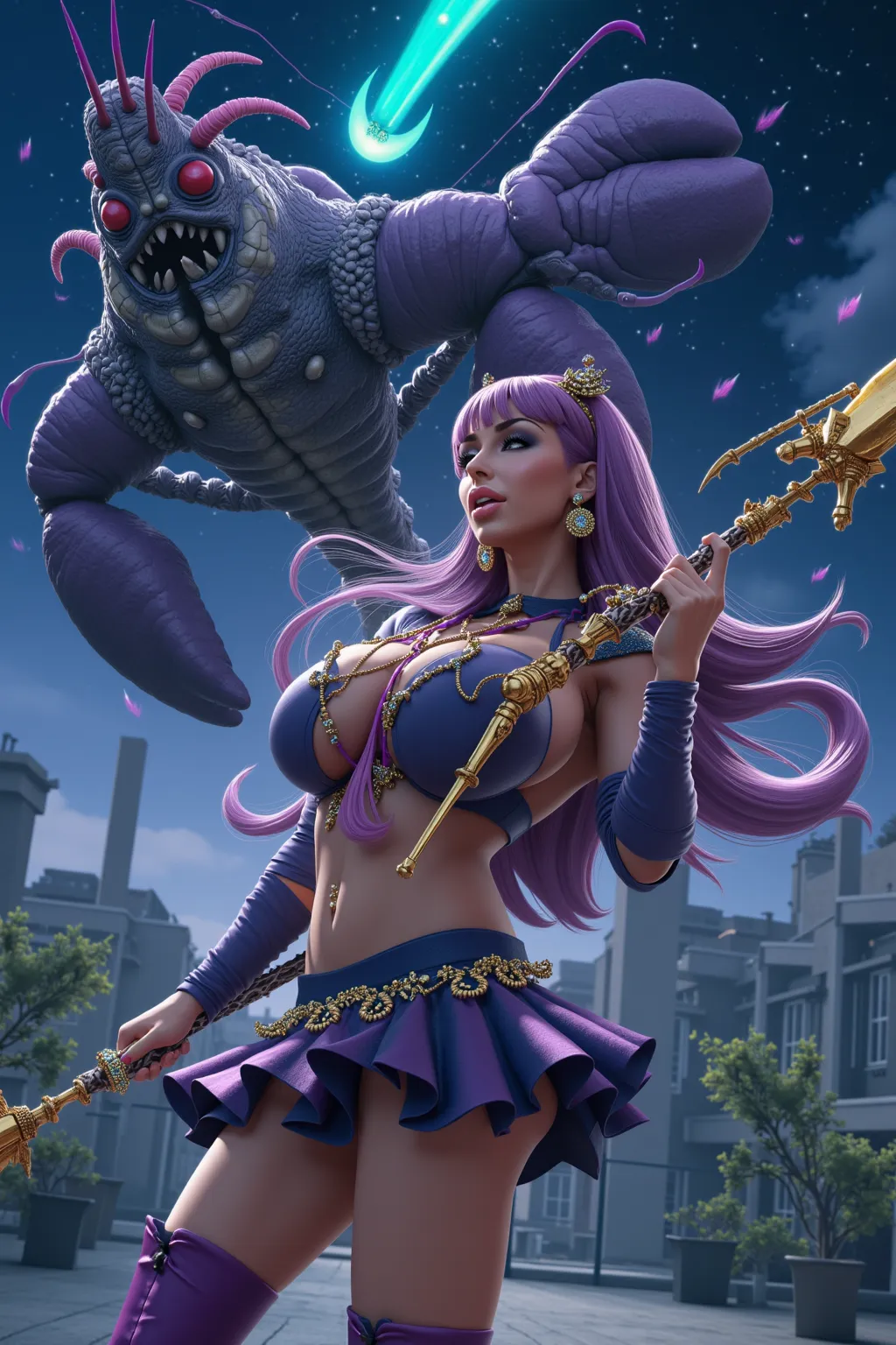 Magical sailor (gorgeous woman, sexy magical sailor scout outfit, golden gem encrusted weapon, gorgeous highly stylized hair, comet celestial sign theming) confident, determined, she strikes fighting poses facing her foe. Her foe is a dark (Lobster| alien|...