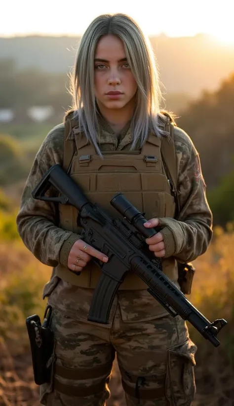 A beautiful young female soldier, 20 years old, stands with an air of confidence and elegance, her sharp eyes scanning the surroundings as she observes the landscape before her. Her long bob, neatly styled, flows slightly with the wind, complementing her p...