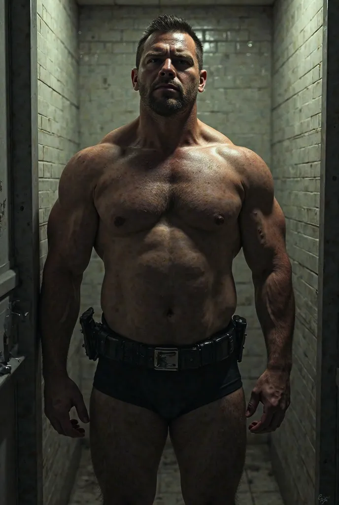 Make a male cop in the public men’s restroom in only his underwear 