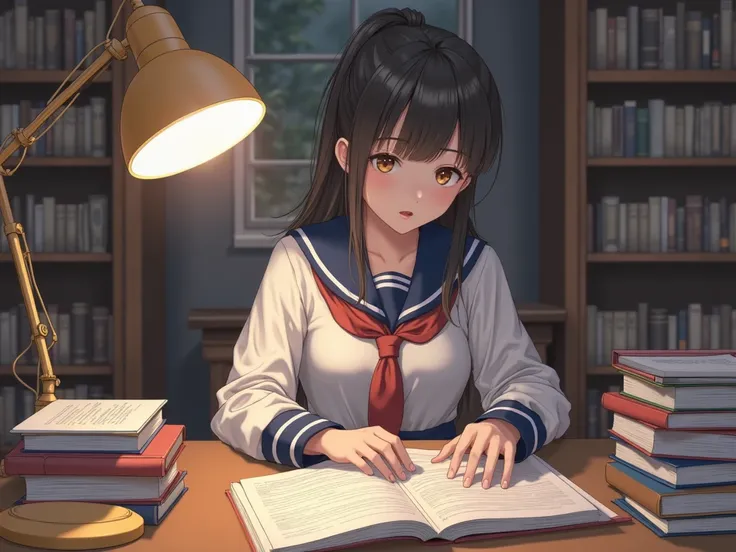 study at the library、 material、Books、 female student、sailor suit、ponytail、Interested々