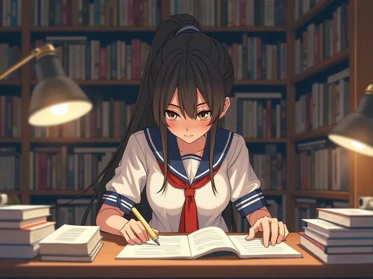 study at the library、 material、Books、 female student、sailor suit、ponytail、Interested々