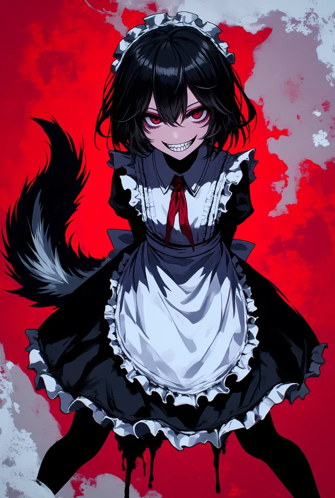 Girl with short black hair going a little bit in an outward direction, with a maid costume, skunk tail, anime style, be smiling macabrely, that the image focuses on his face