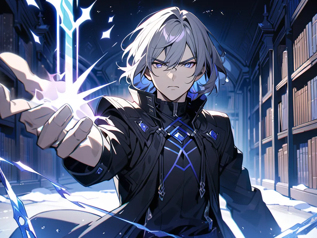 adult man, thin, high, athletic, Gothic clothes, medium hair gray, stripped, lilac eyes, serious expression, blue eletric sparkles around the hand, Fantasy, cold scenario, dark, library