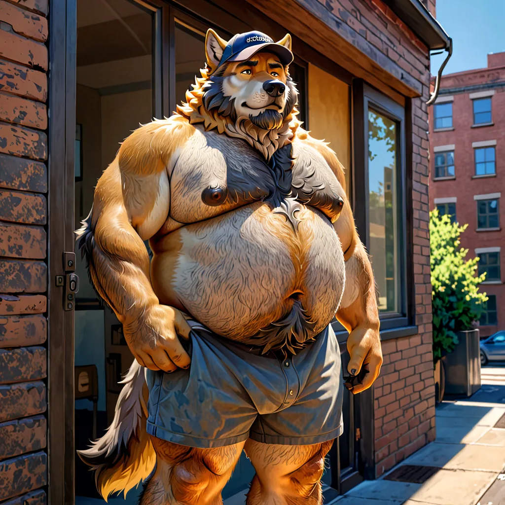 Chubby, bara, fat and saggy chest with a big moobs, lots of body hair, anthropomorphic wolf old daddy worker, wearing only shorts and a hat, looking at the building in the sun.