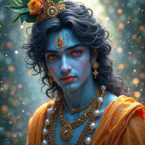 Lord Krishna divine beautiful portrait ,high quality DSLR cinimatic effect, Hindu mythology with particals fantasy background ,hope giving theme