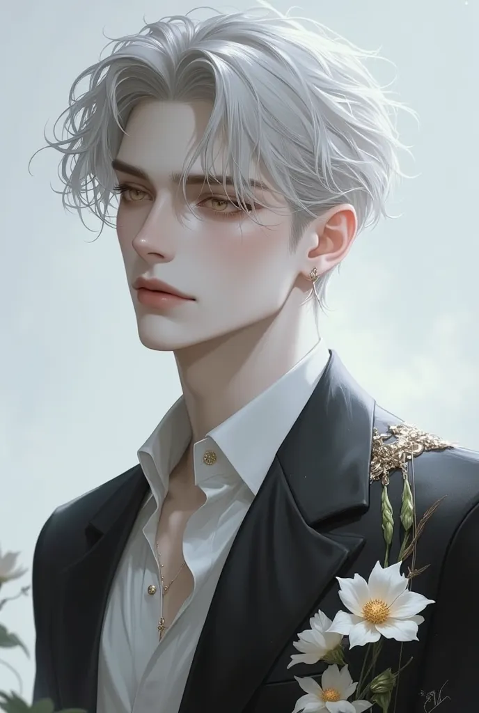  young man,Fleetingly beautiful,Shirogane's Short Hair,Golden Eyes, elegant,graceful and elegant,masterpiece, accurate, anatomically correct, Highest quality, very detailed, 