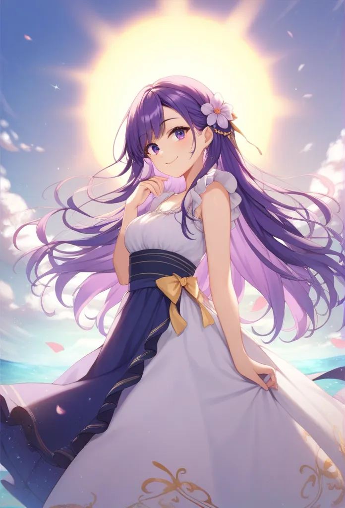 White Day。Light blue and white fluffy dress。1 girl,  long hair, smiles, Purple Hair, purple eyes, glitter effect to mask, 