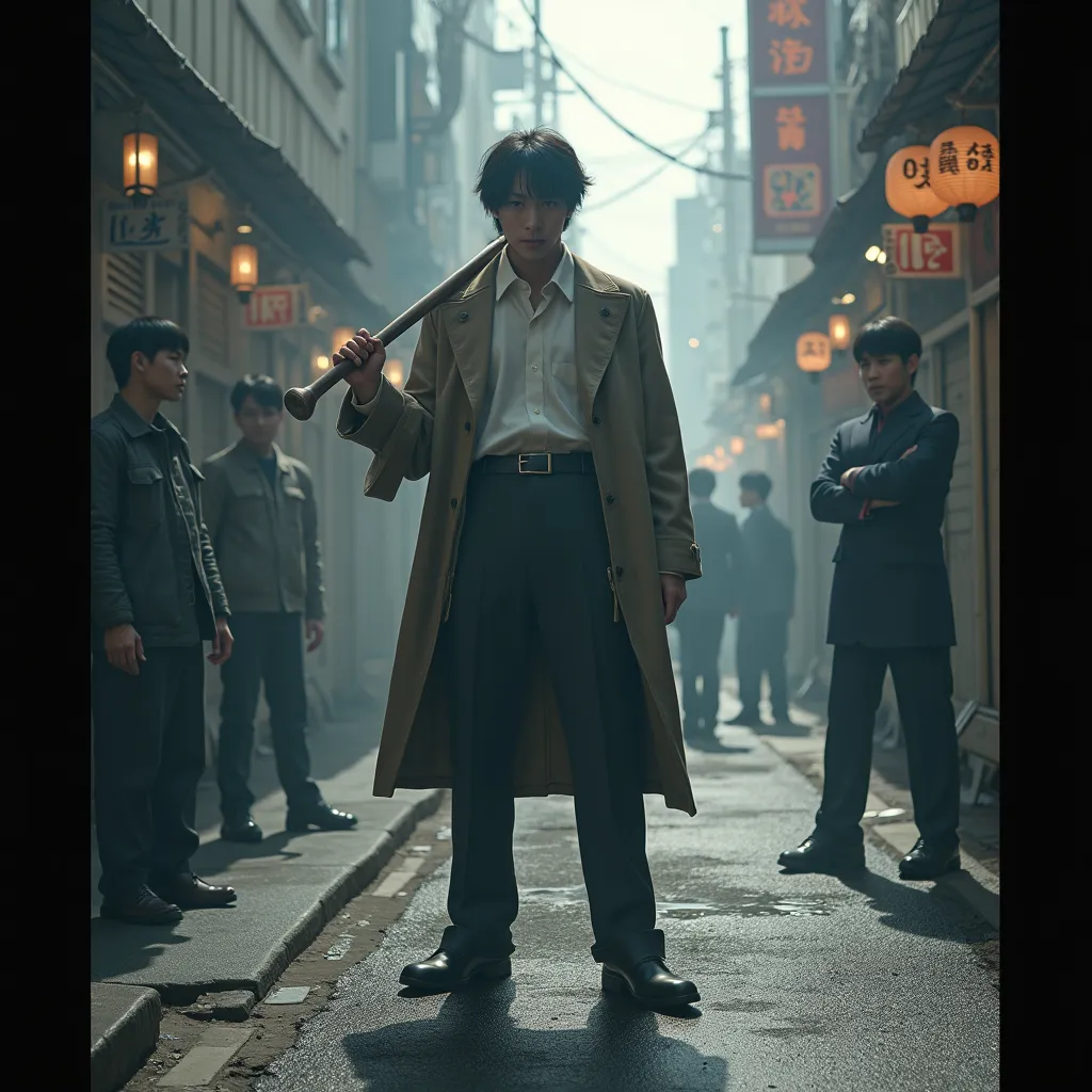 Realistic photograph, Shinjuku back alley. Smoke haze in the air. Ryo Saeba (City Hunter) with an unfamiliar comical expression, wielding an oversized rubber mallet instead of his Colt Python. His target: a massive panda costume abandoned on the street. He...